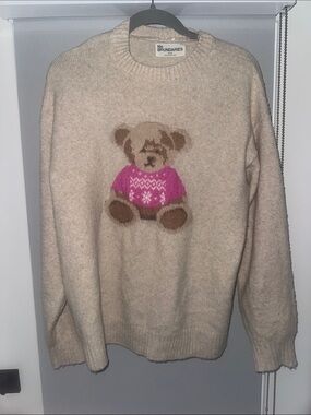 No Boundaries Light Brown Knit Sweater with Pink Teddy Motif